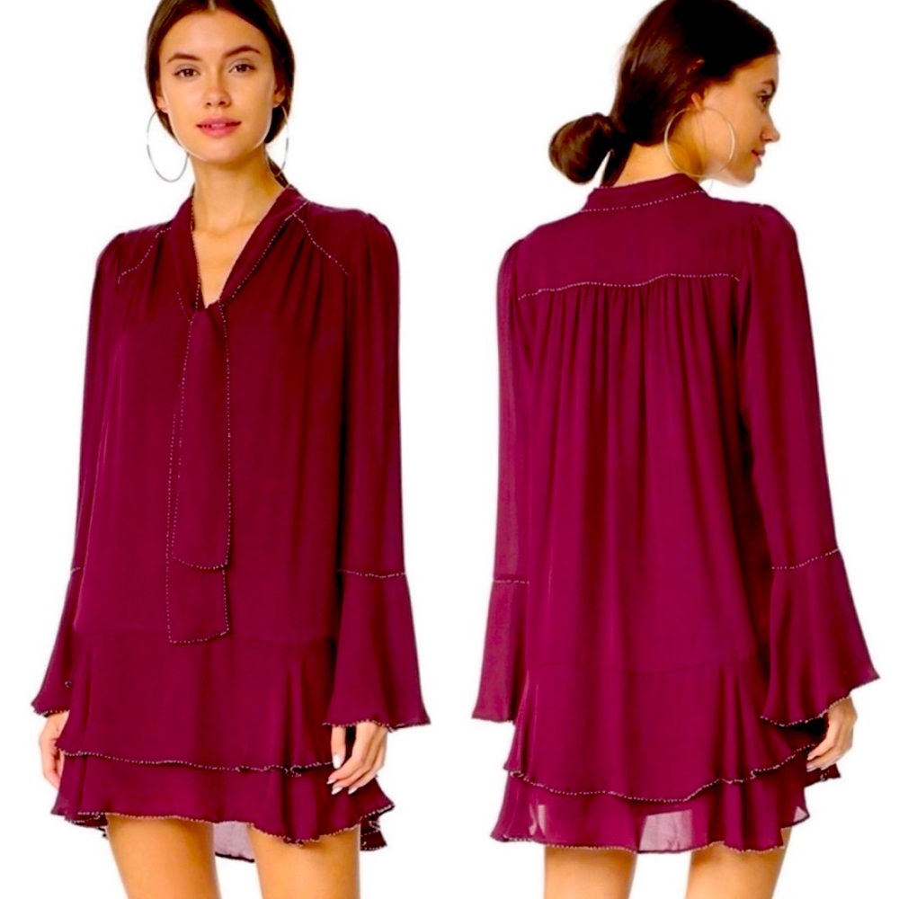 Parker Cathryn Silk Mini Dress with Tie neck and ruffled hem - Picture 2 of 4